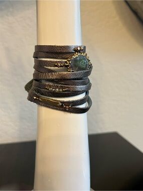 Nakamol Brown Leather Wrap Bracelet with Green Stone and Gold Accents